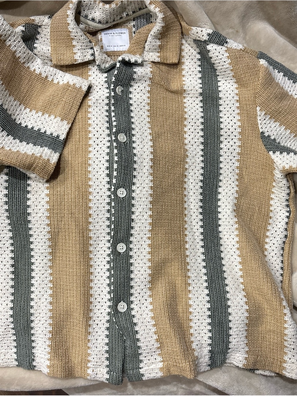 Denim & Flower Short-Sleeve Striped Knit Button-Down — Beige, Cream & Green
